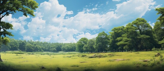 Aufkleber - Ground view of nature environment tree forest with trees and blue sky in background concept of outdoor natural beautiful wood place. Creative banner. Copyspace image