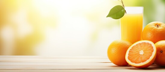 Aufkleber - Oranges and fresh squeezed orange juice close up on light wooden background. Creative banner. Copyspace image