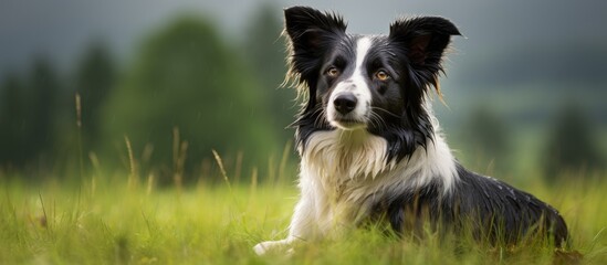 Poster - Portrait of a tricolor border collie posing on a meadow outdoors at a rainy day. Creative banner. Copyspace image