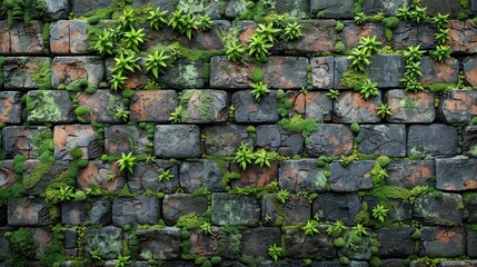 Wall Mural - Rustic brick wall texture with moss,