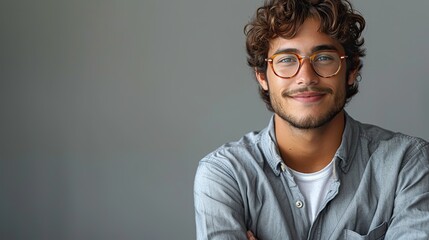 portrait of young handsome smiling business guy wearing gray shirt and glasses feeling confident with crossed arms isolated on white background .stock photo