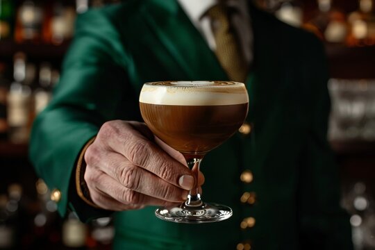 Irish coffee cocktail with an Irish bartender in green suit handing a glass of Irish coffee a cocktail made of whiskey, coffee and cream, Generative AI 