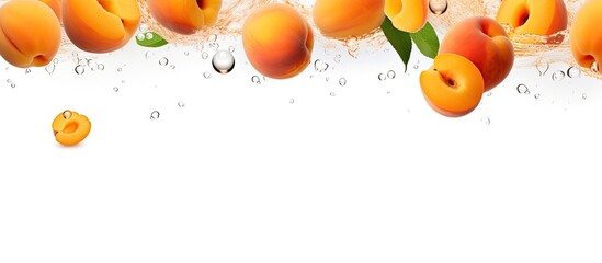 Poster - summer fruit concept set of fesh apricots falling isolated on white background with clipping path. Creative banner. Copyspace image