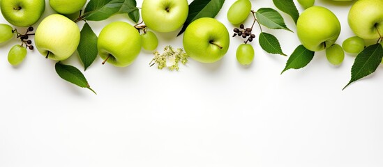 Poster - Organic fruits with green apples design on white background top view. Creative banner. Copyspace image