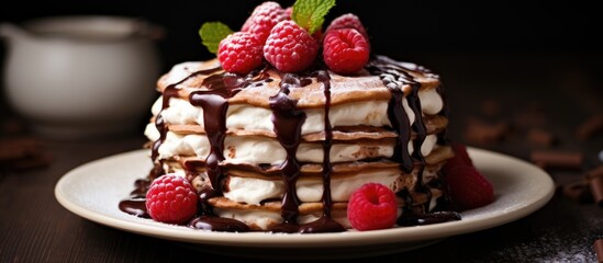 Canvas Print - Cake of pancakes pancake chocolate cake with whipped cream and raspberries. Creative banner. Copyspace image