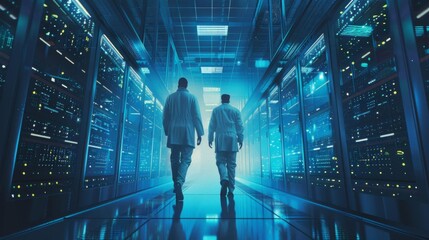 Two IT professionals walking in a futuristic data center with glowing servers and advanced technology, highlighting the concept of digital infrastructure.