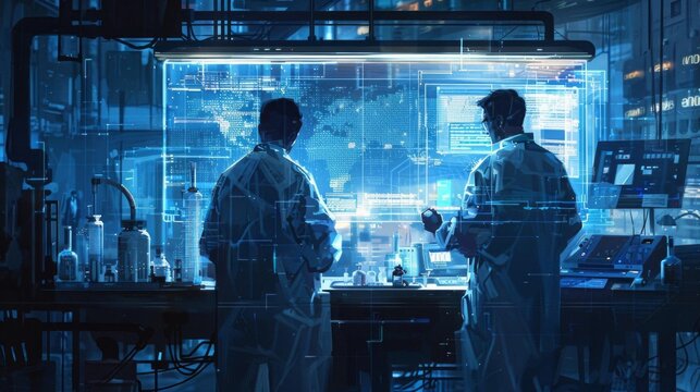 Two scientists working in a futuristic laboratory, surrounded by advanced technology and glowing screens, engaged in high-tech research.