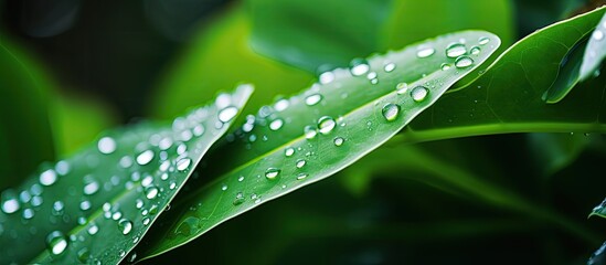 Poster - The remaining raindrops on a green leaf. Creative banner. Copyspace image