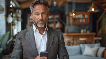Poster - businessman standing with smart phone in office .stock illustration