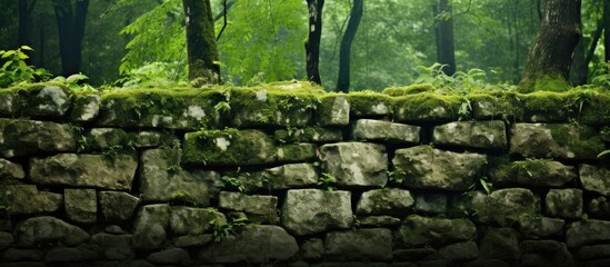 Poster - stone wall covered with moss and green leaves of plants from the bottom. Creative banner. Copyspace image