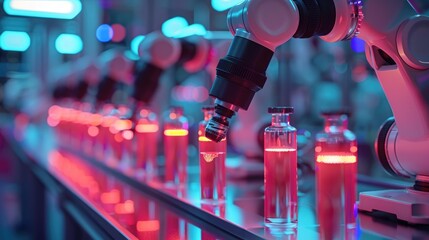 Poster - Automated robotic arm processes vials in a high-tech lab with neon lighting