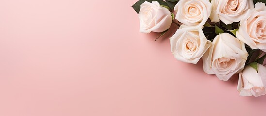 Poster - Blank white paper bouquet of light beautiful cream roses on pastel pink background Festive flower composition Top view flat lay. Creative banner. Copyspace image