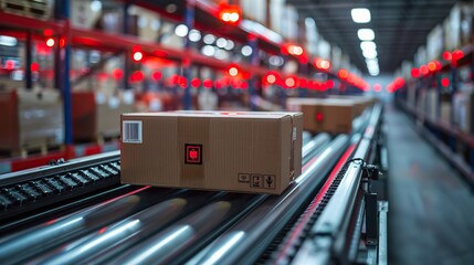 Poster - boxes on conveyor belt heading to truck loading dock .stock photo