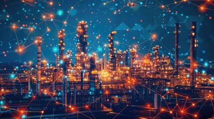 Poster - Illuminated industrial plant with digital network overlay, symbolizing modern technology integration