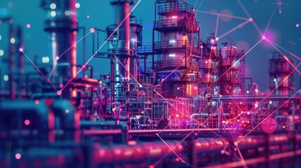 Poster - Illuminated industrial facility at night, showcasing intricate connectivity and technology