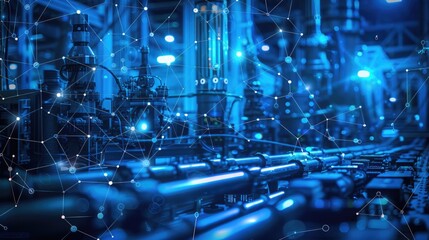 Poster - Industrial automation with digital network and blue machinery