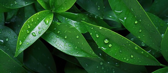 Poster - Green leaves background with drops water after rain. Creative banner. Copyspace image