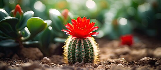 Poster - Cactus plant with red flower in natural light with selective focus. Creative banner. Copyspace image