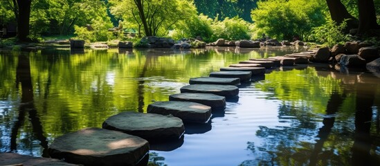 Poster - A landscape with stepping stones made to allow people to cross the water. Creative banner. Copyspace image