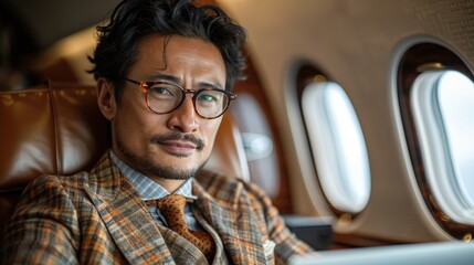 Poster - young handsome businessman with notebook sitting inside an airplane young thai businessman using a laptop work on the plane while on a business trip. stock image