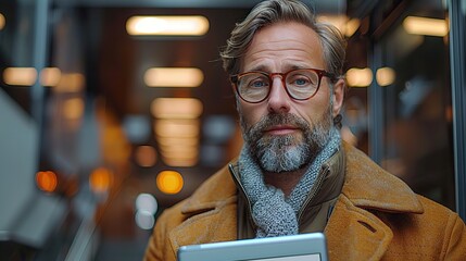Poster - handsome businessman using his tablet in the office. stock image