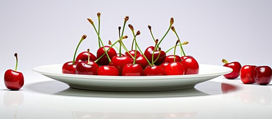 Poster - fresh cherries on white plate. Creative banner. Copyspace image