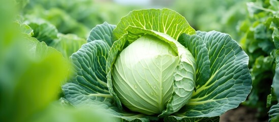 Fresh green big cabbage organic vegetables in the farm. Creative banner. Copyspace image