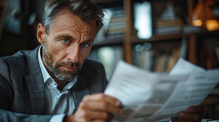 Poster - serious busy middle aged professional business man executive ceo manager lawyer or analyst wearing suit sitting at desk in office working checking bills .hight relustion