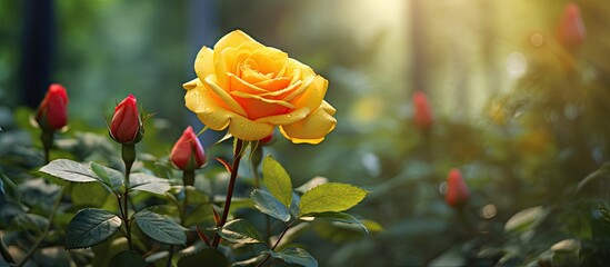 Aufkleber - yellow blooming rose in the park. Creative banner. Copyspace image