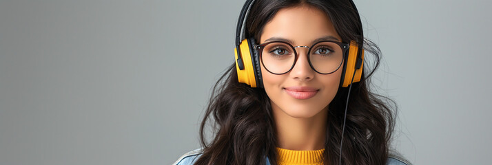 Sticker - Smiling young woman with glasses and headphones, wearing a yellow top, showcasing contemporary fashion and digital lifestyle