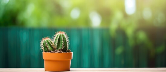 Aufkleber - Beautiful Cactus plant in flower pot on wooden table. Creative banner. Copyspace image