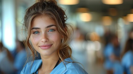 Wall Mural - portrait of a female medical student wearing scrubs in class .hight relustion