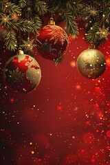 Wall Mural - Red and Gold Christmas Ornaments Hanging on a Pine Tree Branch with Red Background