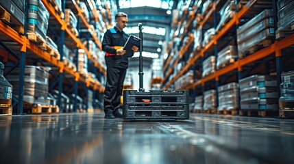 Poster - logistics worker reading a clipboard while moving goods with a pallet jack in a warehouse.illustration