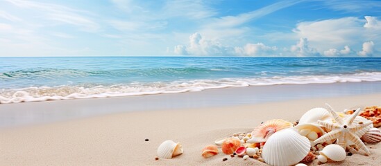 Fototapete - summer sea beach shells background greeting card. Creative banner. Copyspace image
