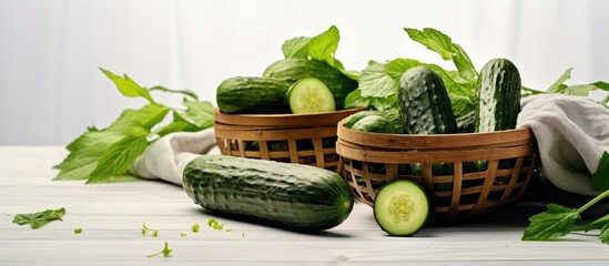 Sticker - Close up group of fresh organic cucumber or zucchini in wood basket on white table Cucumber or zucchini is crunchy vegetable which have sweet taste and crunchy for salad and cooking. Creative banner