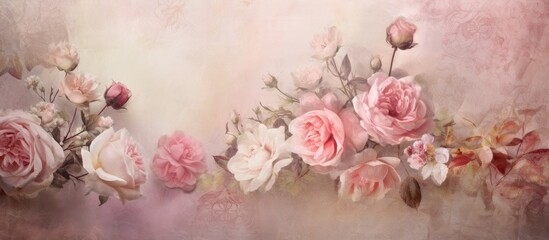 Poster - Collage of summer blossoming roses blooming roses vintage background pastel and soft card. Creative banner. Copyspace image
