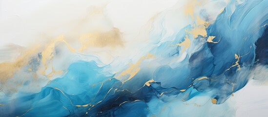 Poster - Abstract hand painted blue and white with silver and gold background close up of acrylic painting on canvas wallpaper texture. Creative banner. Copyspace image
