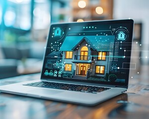 Poster - Virtual Real Estate Tour on Laptop Showcasing Online Properties and Business Concepts