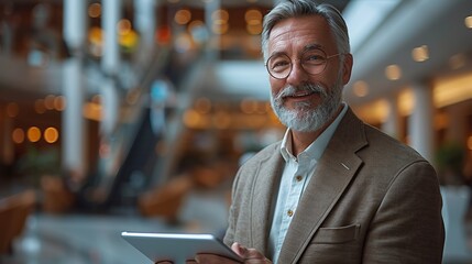 Poster - happy middle aged business man ceo wearing suit standing in office using digital tablet smiling mature businessman professional.illustration