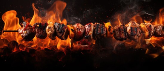 Sticker - Raw Kebabs on fire and bbq. Creative banner. Copyspace image