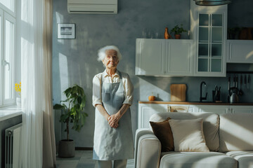 Wall Mural - A woman in a blue apron stands in a kitchen with a potted plant in the backgroun