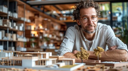 Poster - handsome young architect looking at a scale model of a modern house in his office.illustration