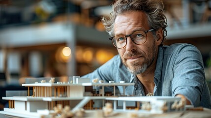 Poster - handsome young architect looking at a scale model of a modern house in his office .hight relustion