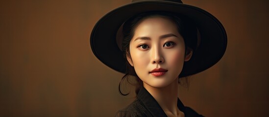 Poster - head shot of asia woman with hat in room beauty concept vintage effect. Creative banner. Copyspace image