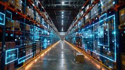Poster - future virtual reality technology for innovative vr warehouse management concept of smart technology for industrial revolution and automated logistic control.illustration