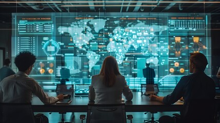 Poster - Business Consultants Reviewing Workflow Diagrams on Large Digital Screens for Technology Networking and Digital Communication