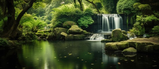 Poster - Waterfall green nature. Creative banner. Copyspace image