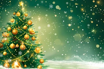 Canvas Print - Christmas tree with golden ornaments and a green background