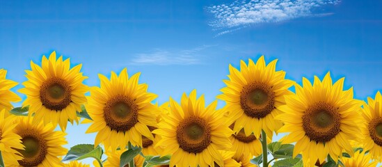 Aufkleber - Beautiful sunflowers on a sunny day Two sunflowers on a blue sky background Bright yellow flowers. Creative banner. Copyspace image